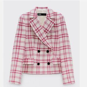 ZARA Textured Plaid Blazer Jacket Coat Pink White Double Breast Size M NWT